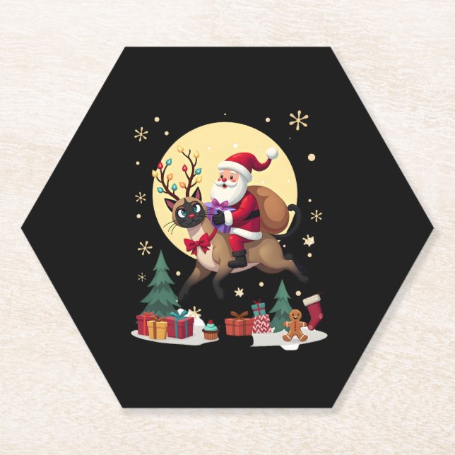 Santa Riding Reindeer Siamese Cat Christmas Tree L Paper Coaster (Front)
