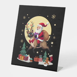 Santa Riding Reindeer Siamese Cat Christmas Tree L Pedestal Sign