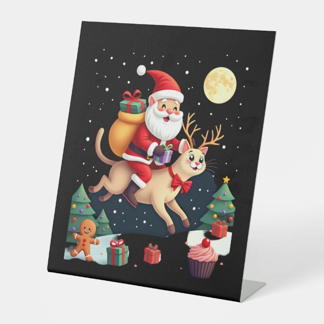 Santa Riding Reindeer Siamese Cat Christmas Tree L Pedestal Sign (Front)