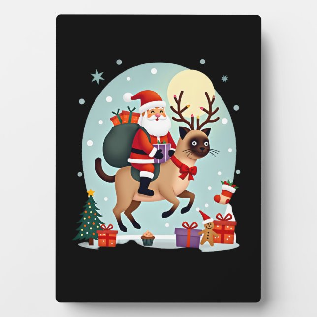 Santa Riding Reindeer Siamese Cat Christmas Tree L Plaque (Front)