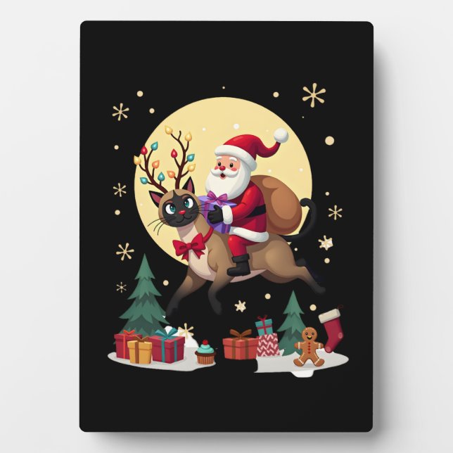 Santa Riding Reindeer Siamese Cat Christmas Tree L Plaque (Front)
