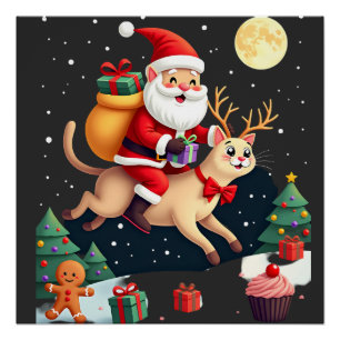 Santa Riding Reindeer Siamese Cat Christmas Tree L Poster