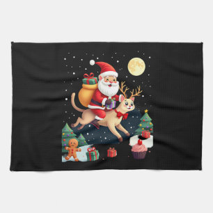 Santa Riding Reindeer Siamese Cat Christmas Tree L Tea Towel