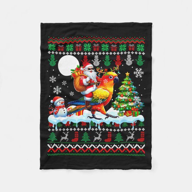 Santa Riding Reindeer Sun Conure Sweater Xmas Tree Fleece Blanket (Front)