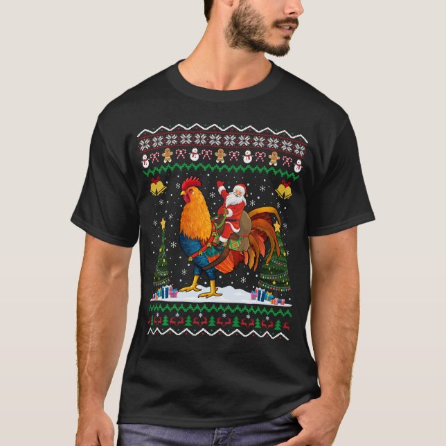Santa Riding Rooster Christmas Funny Rooster T-Shirt (Front)