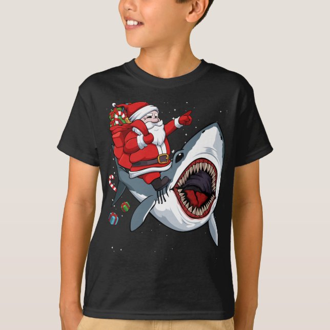 Santa Riding Shark Christmas Pajama Cute Ocean Ani T-Shirt (Front)