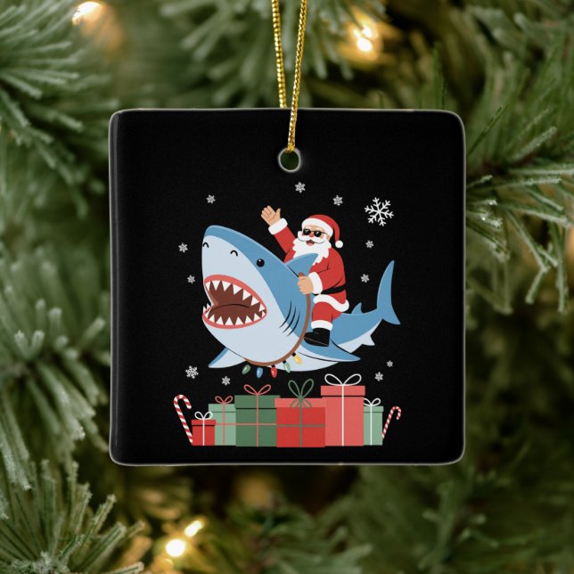 Santa Riding Shark Christmas Pajama Cute Ocean  Ceramic Ornament (Tree)