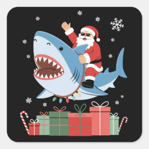 Santa Riding Shark Christmas Pajama Cute Ocean Square Sticker
