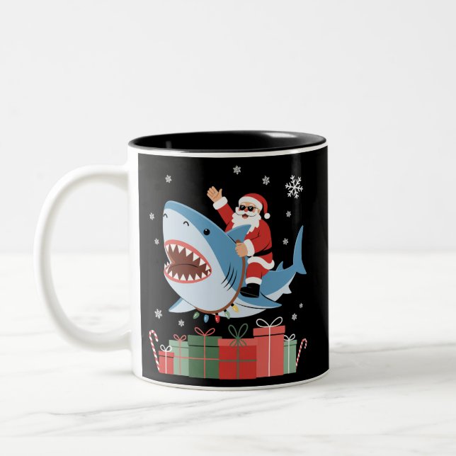 Santa Riding Shark Christmas Pajama Cute Ocean  Two-Tone Coffee Mug (Left)