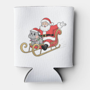 Santa Riding Sleigh with a Moo Deng Baby Hippo Can Cooler