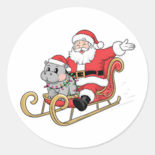 Santa Riding Sleigh with a Moo Deng Baby Hippo Classic Round Sticker