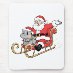 Santa Riding Sleigh with a Moo Deng Baby Hippo Mouse Pad