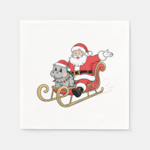 Santa Riding Sleigh with a Moo Deng Baby Hippo Napkin