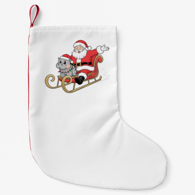 Santa Riding Sleigh with a Moo Deng Baby Hippo Small Christmas Stocking (Front)