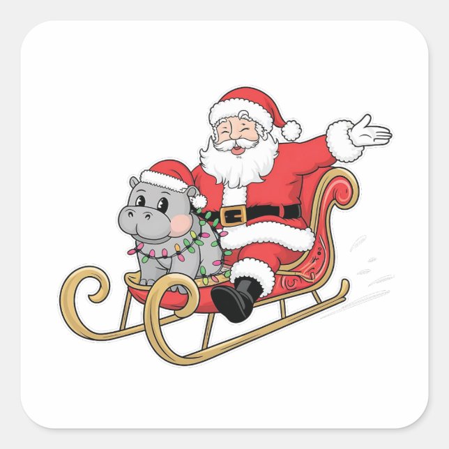 Santa Riding Sleigh with a Moo Deng Baby Hippo Square Sticker (Front)