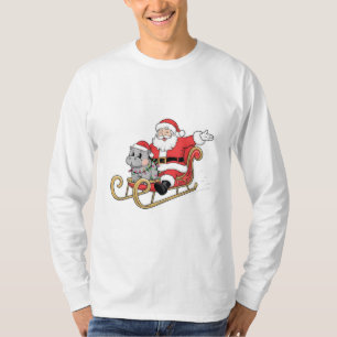 Santa Riding Sleigh with a Moo Deng Baby Hippo T-Shirt