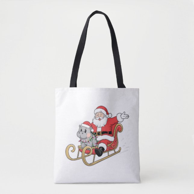 Santa Riding Sleigh with a Moo Deng Baby Hippo Tote Bag (Front)