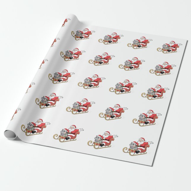 Santa Riding Sleigh with a Moo Deng Baby Hippo Wrapping Paper (Unrolled)