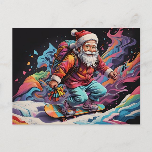 Santa riding snowboard Psychedelic colours Postcard (Front)