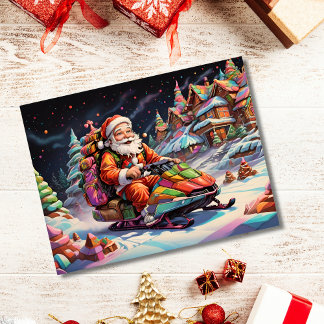Santa riding snowmobile Psychedelic colours Postcard