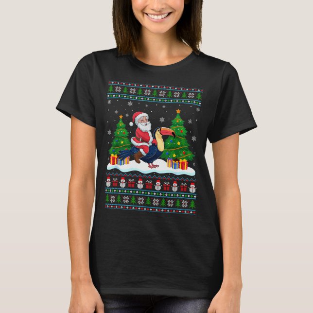Santa Riding Toucans Tree Lights Ugly Christmas Sw T-Shirt (Front)