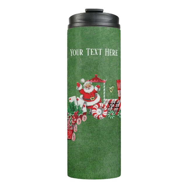 Santa Riding Train With Letters Candy Canes Green Thermal Tumbler (Front)