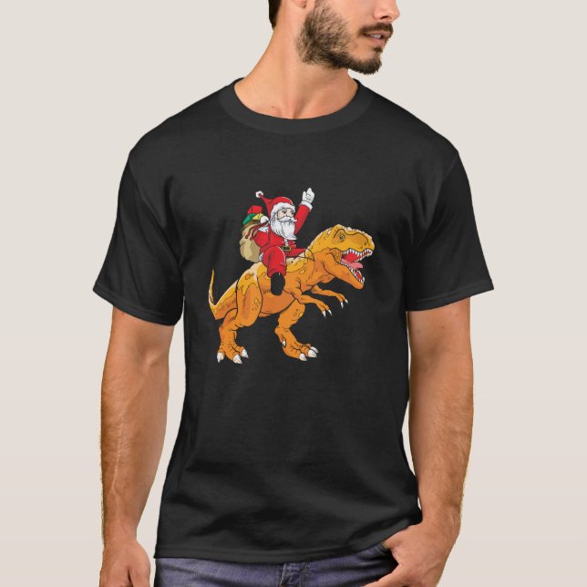 Santa Riding Trex Funny Kid s Dinosaur Christmas N T-Shirt (Front)
