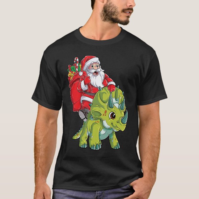 Santa Riding Triceratops Dinosaur Christmas Boys K T-Shirt (Front)