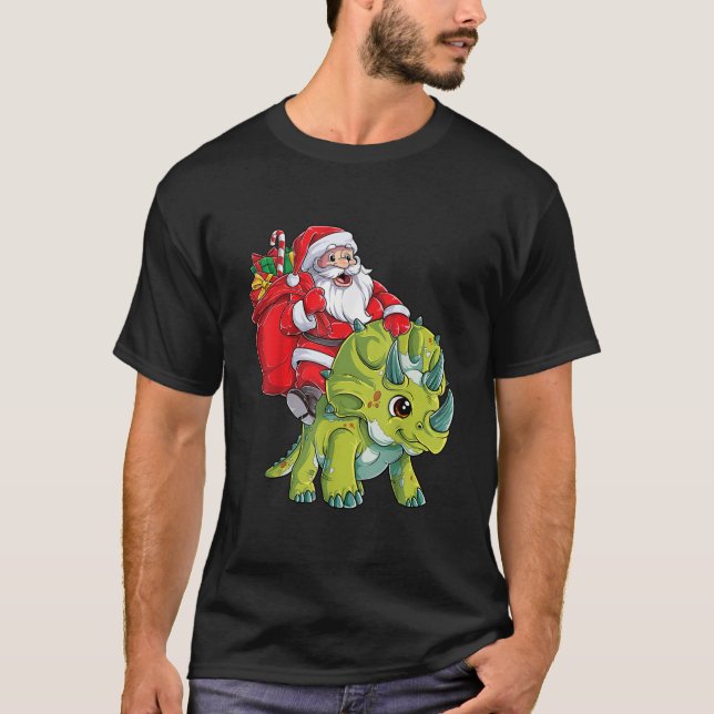 Santa Riding Triceratops Dinosaur Christmas Boys X T-Shirt (Front)