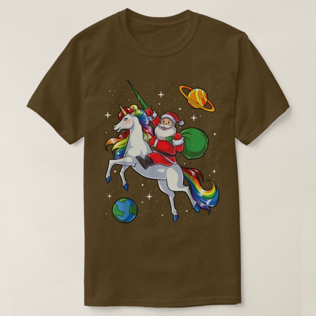 Santa Riding Unicorn  Christmas Gifts Rainbow Spac T-Shirt (Design Front)