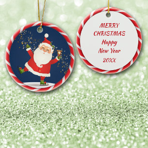 Santa Ringing Bell and Skating Ceramic Tree Decoration