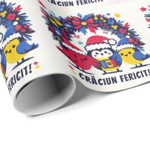Santa Robins holding the Romanian Flag wreath Wrapping Paper