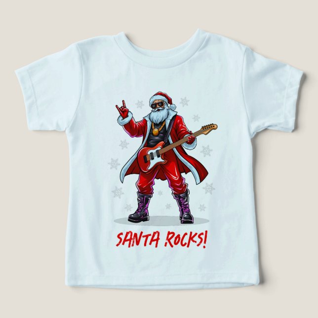 Santa Rocks! Funny Santa Claus playing guitar (Design Front)