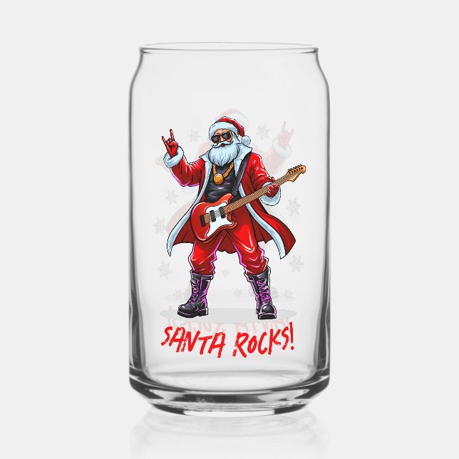 Santa Rocks! Funny Santa Claus playing guitar Can Glass (Front)