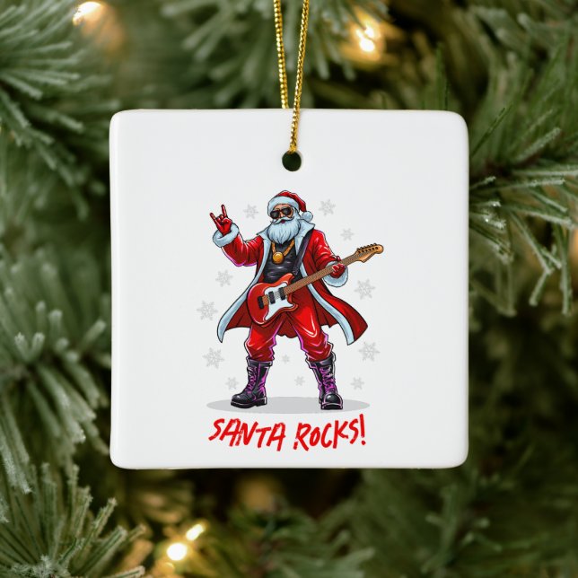 Santa Rocks! Funny Santa Claus playing guitar Ceramic Ornament (Tree)