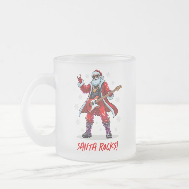 Santa Rocks! Funny Santa Claus playing guitar Frosted Glass Coffee Mug (Left)