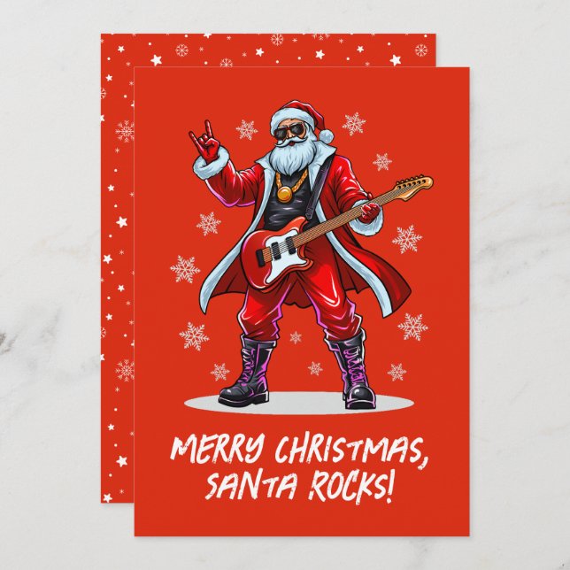 Santa Rocks! Funny Santa Claus playing guitar Holiday Card (Front/Back)