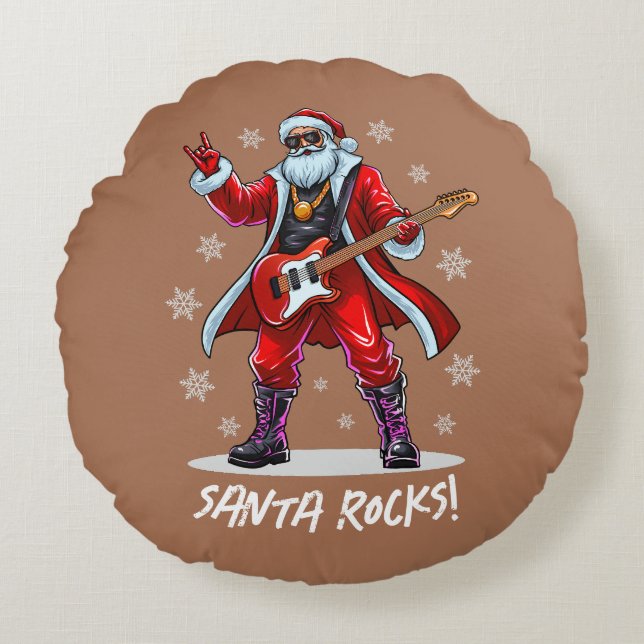 Santa Rocks! Funny Santa Claus playing guitar Round Cushion (Front)