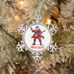 Santa Rocks! Funny Santa Claus playing guitar Snowflake Pewter Christmas Ornament