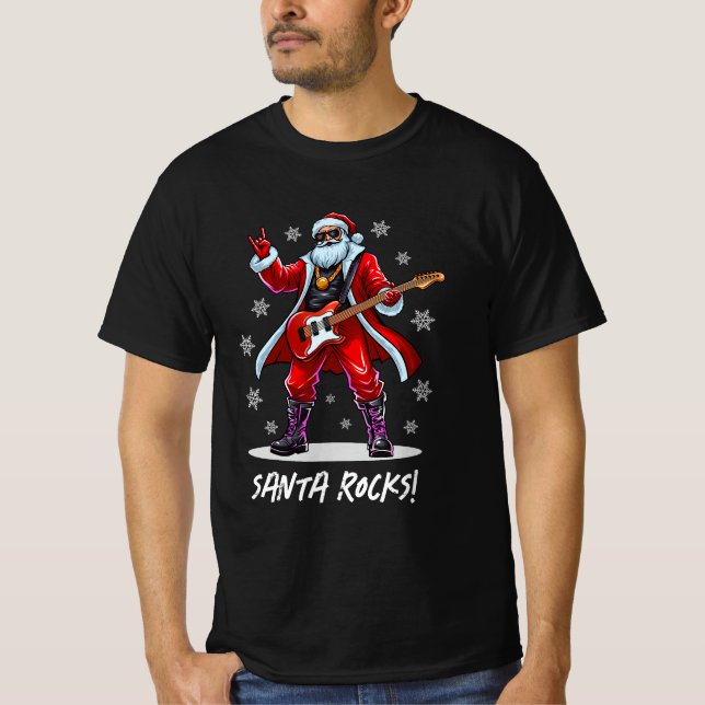 Santa Rocks! Funny Santa Claus playing guitar T-Shirt (Front)