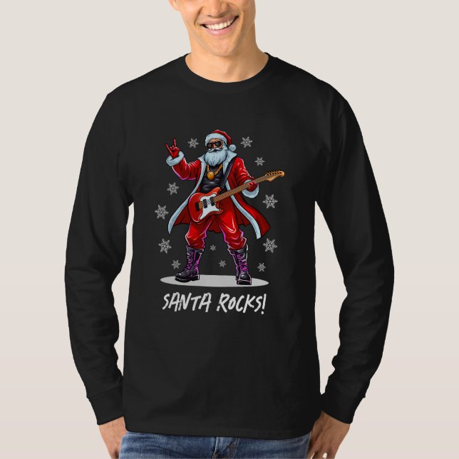 Santa Rocks! Funny Santa Claus playing guitar T-Shirt (Front)