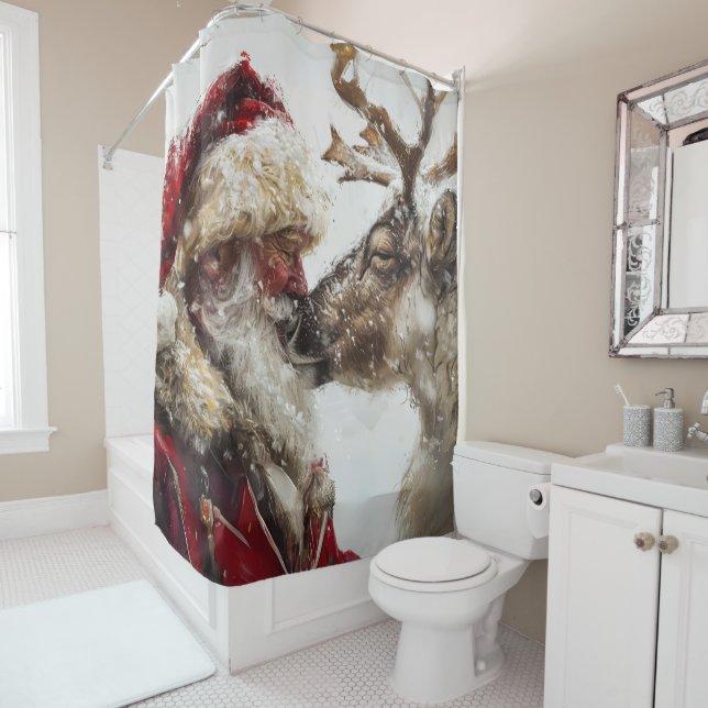 Santa & Rudolph Christmas Bond Shower Curtain (In Situ)