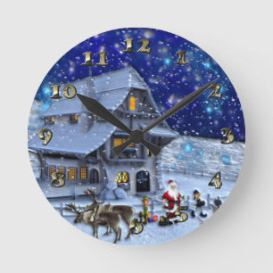 Santa Rudolph Elf with Sled Round Clock