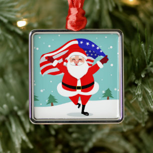 Santa running with american flag metal tree decoration