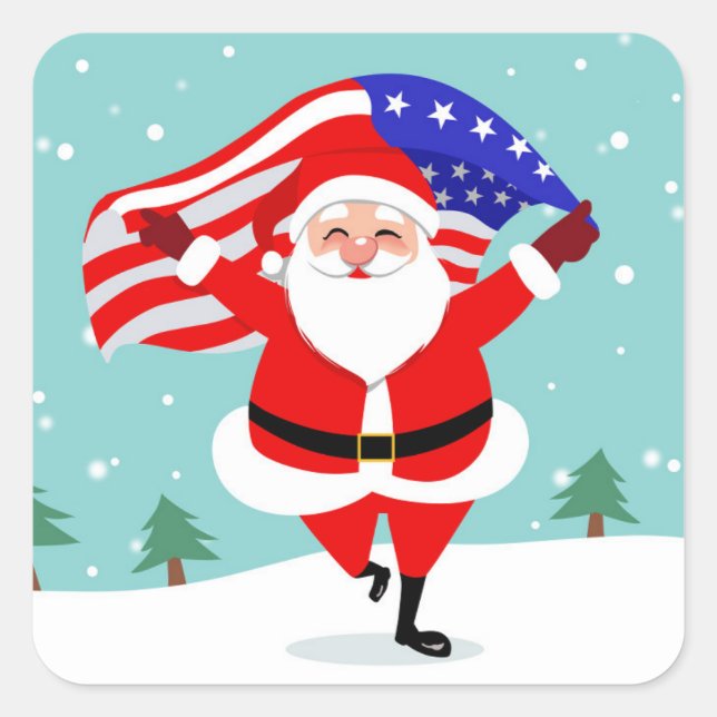 Santa running with american flag square sticker (Front)