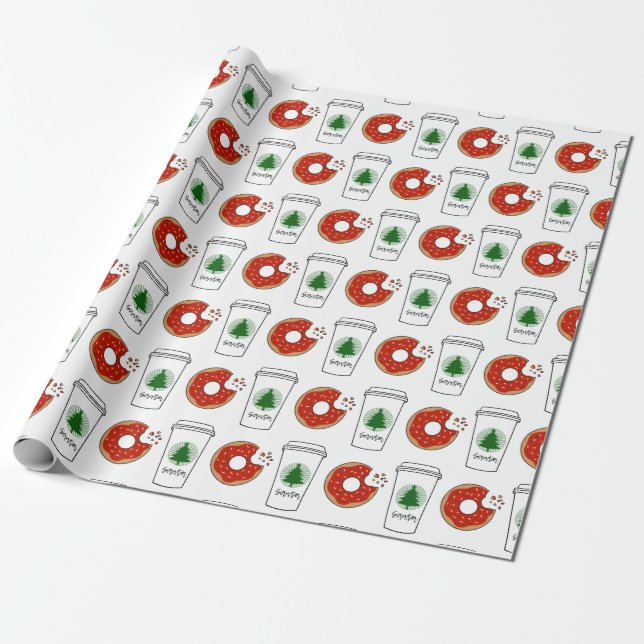 Santa’s Coffee and Doughnuts Christmas Wrapping Paper (Unrolled)