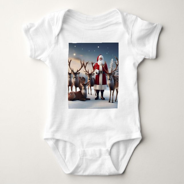 Santa’s Crew: Father Christmas Poses Reindeers Baby Bodysuit (Front)