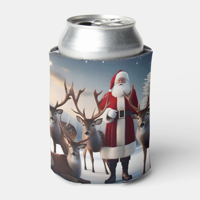 Santa’s Crew: Father Christmas Poses Reindeers Can Cooler (Can Front)