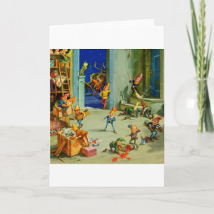 Santa 's Elves Working in his North Pole Workshop Holiday Card