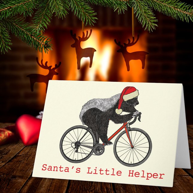 Santa’s Little Helper Honey Badger Quote Card (Christmas honey badger riding a bicycle Santa’s little helper quote funny holiday greetings card)